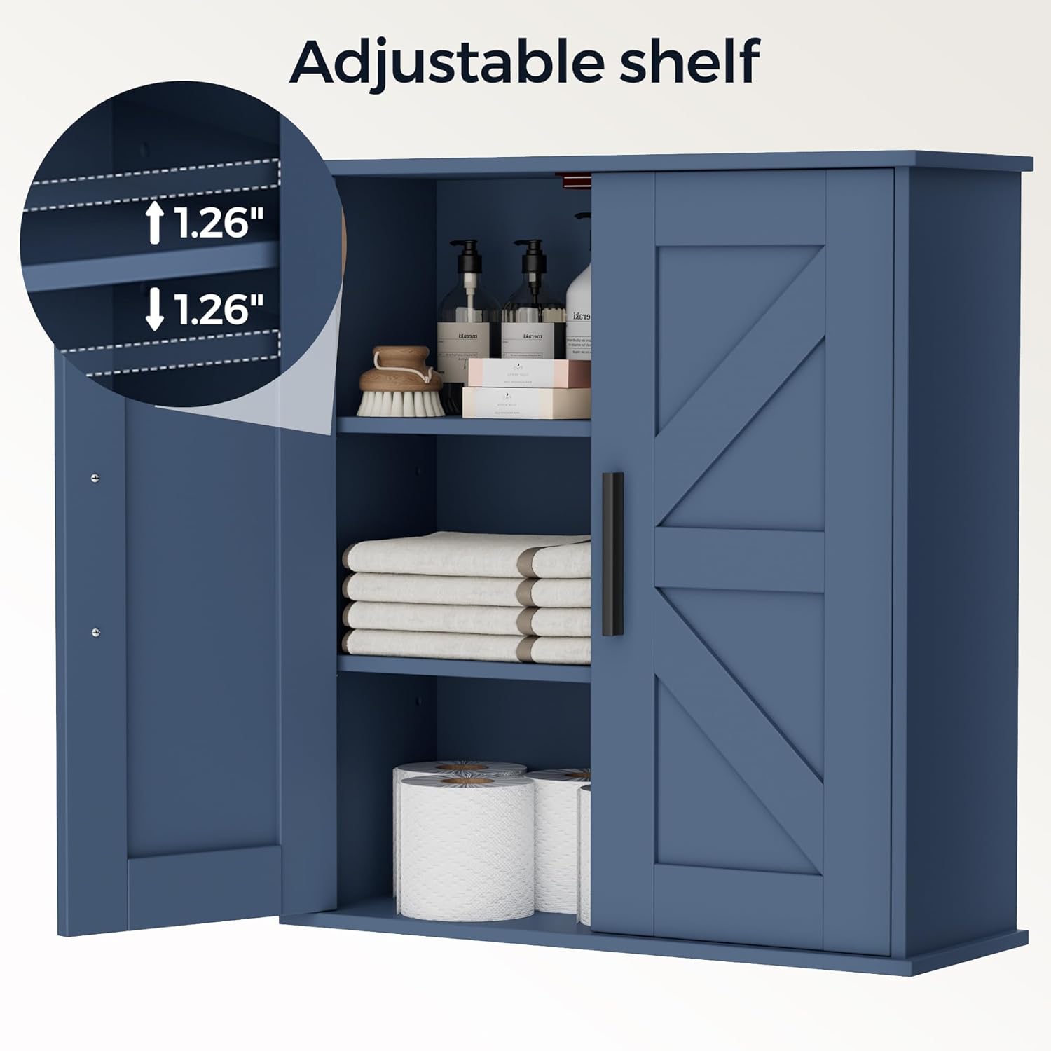 Bathroom Wall Cabinet, Over Toilet Storage Cabinet with Barn Doors and Adjustable Shelves, 3-Tier Medicine Cabinet Wall Mounted, for Bathroom, Kitchen, Entryway, Laundry Room, Blue, (7.9" D)