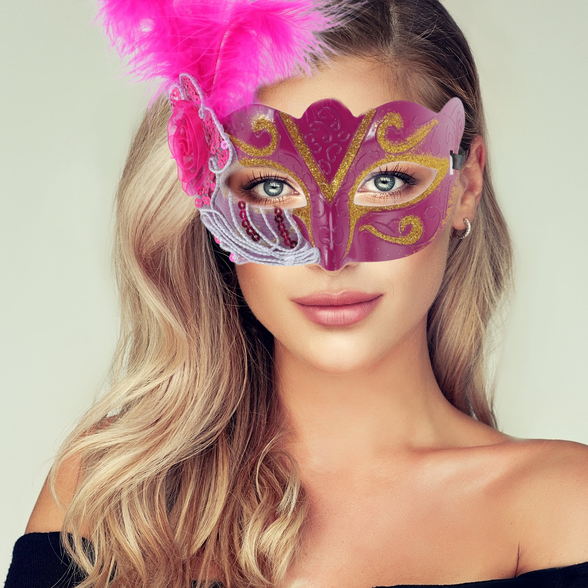 Unique Bargains 1 Box Dancing Queen Feather Half Face Party Mask Pinkish Purple