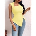 thumbnail image 4 of Womens Asymmetric Neck Slim Fit Cropped Solid Color Tshirt Elegant Basic Top Casual Chic Tee Light Yellow M, 4 of 9