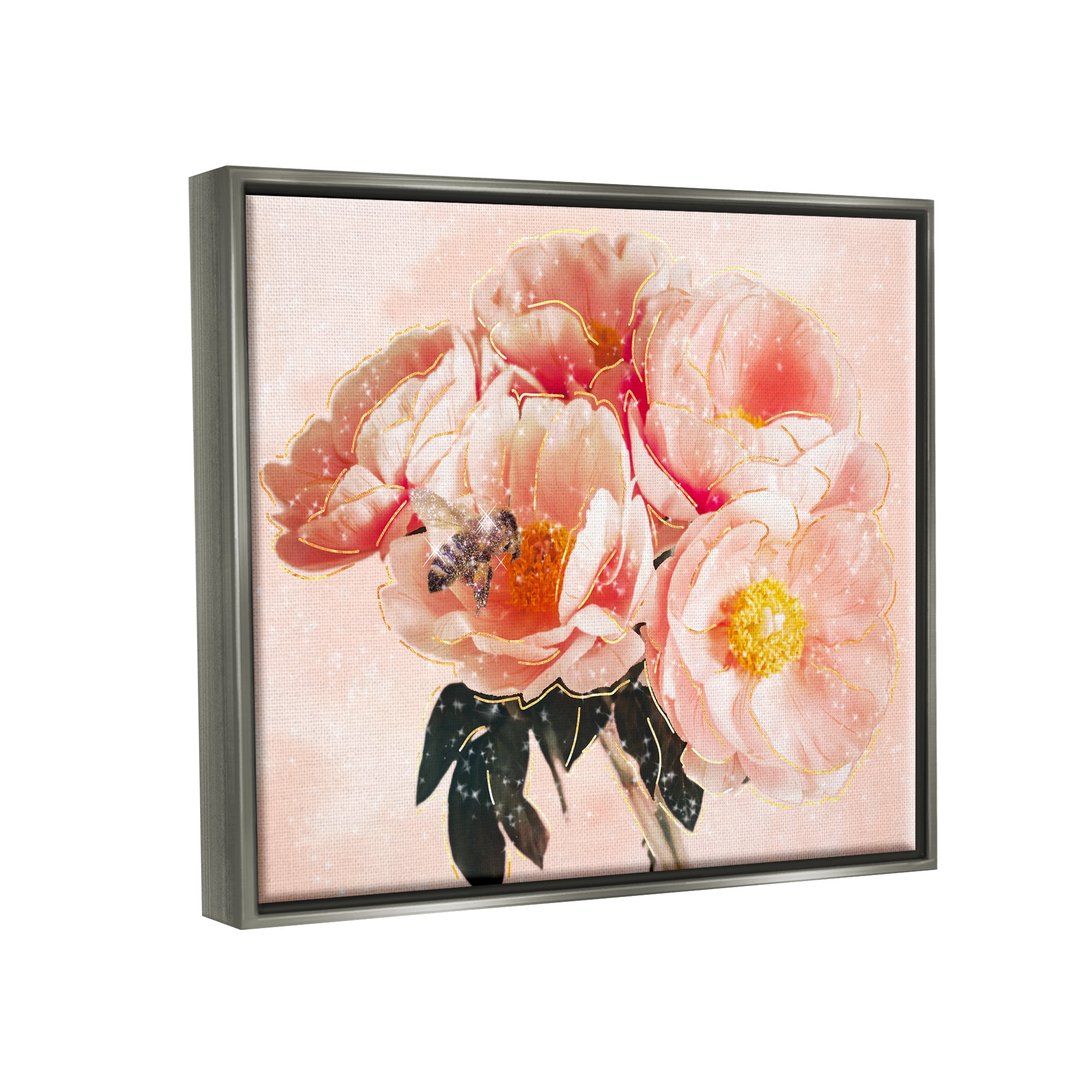 Stupell Industries Shimmering Bumble Bee Trendy Pink Glam Flowers Graphic Art Luster Gray Floating Framed Canvas Print Wall Art, Design by Ziwei Li