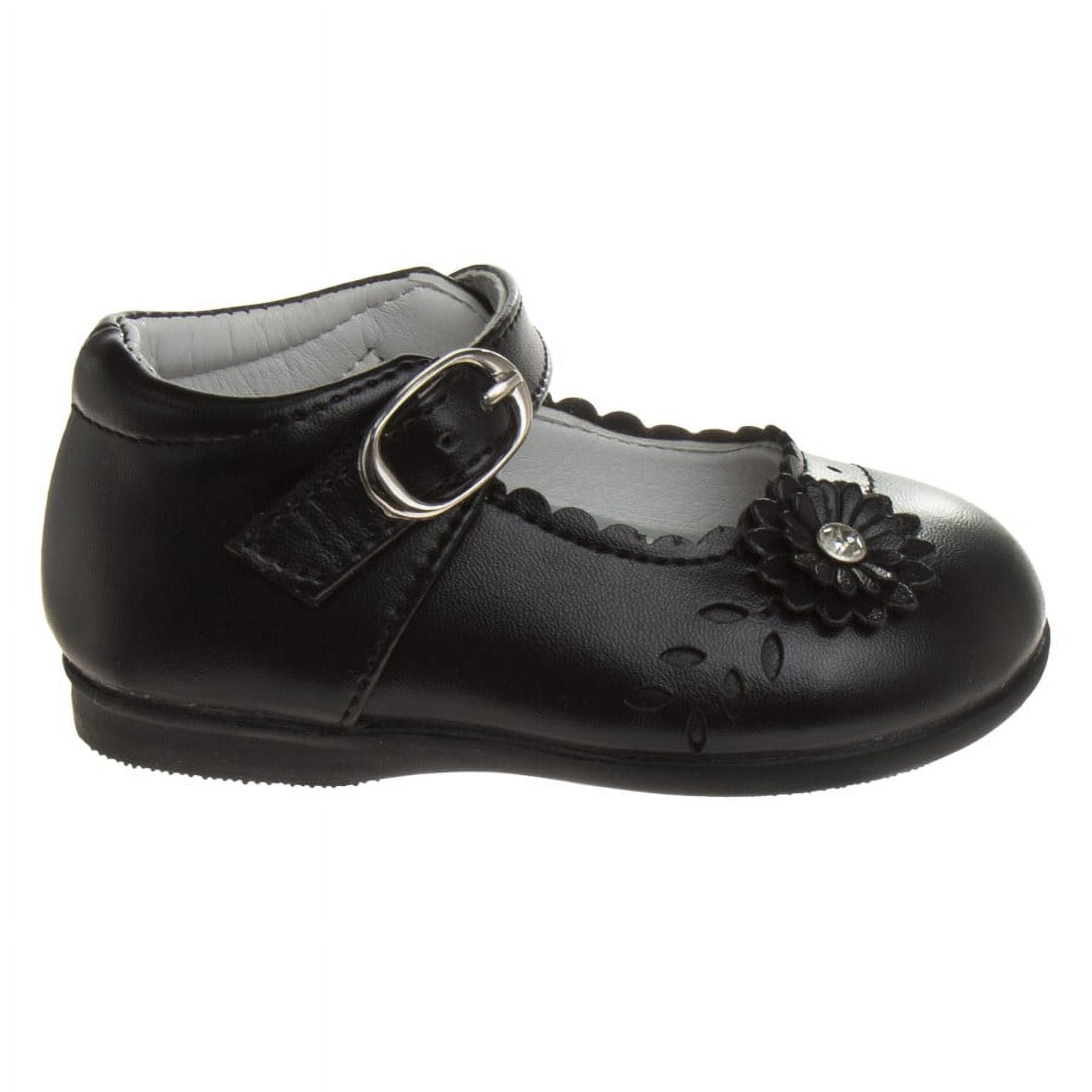 Josmo Toddler Girls Buckle Faux Leather Flat Heel Dress Shoes with Flower Detail - Black, 8