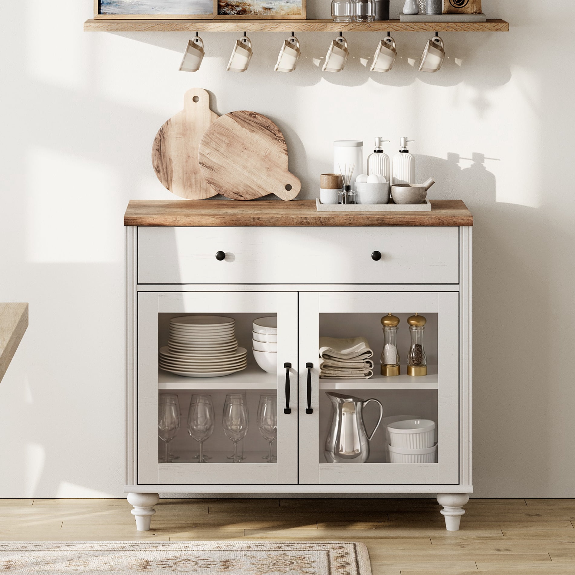34" White Glass Door Buffet Cabinet with Drawer, Farmhouse Sideboard with Storage