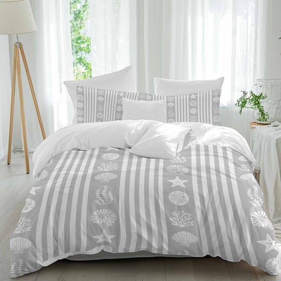 3 Piece Grey Striped Coastal Duvet Cover Set Twin Size, Microfiber Comforter/Quilt Cover with Corner Ties and 2 Pillowcases, Nautical Beach Starfish Shell All Season Soft Bedding with Zipper Closure