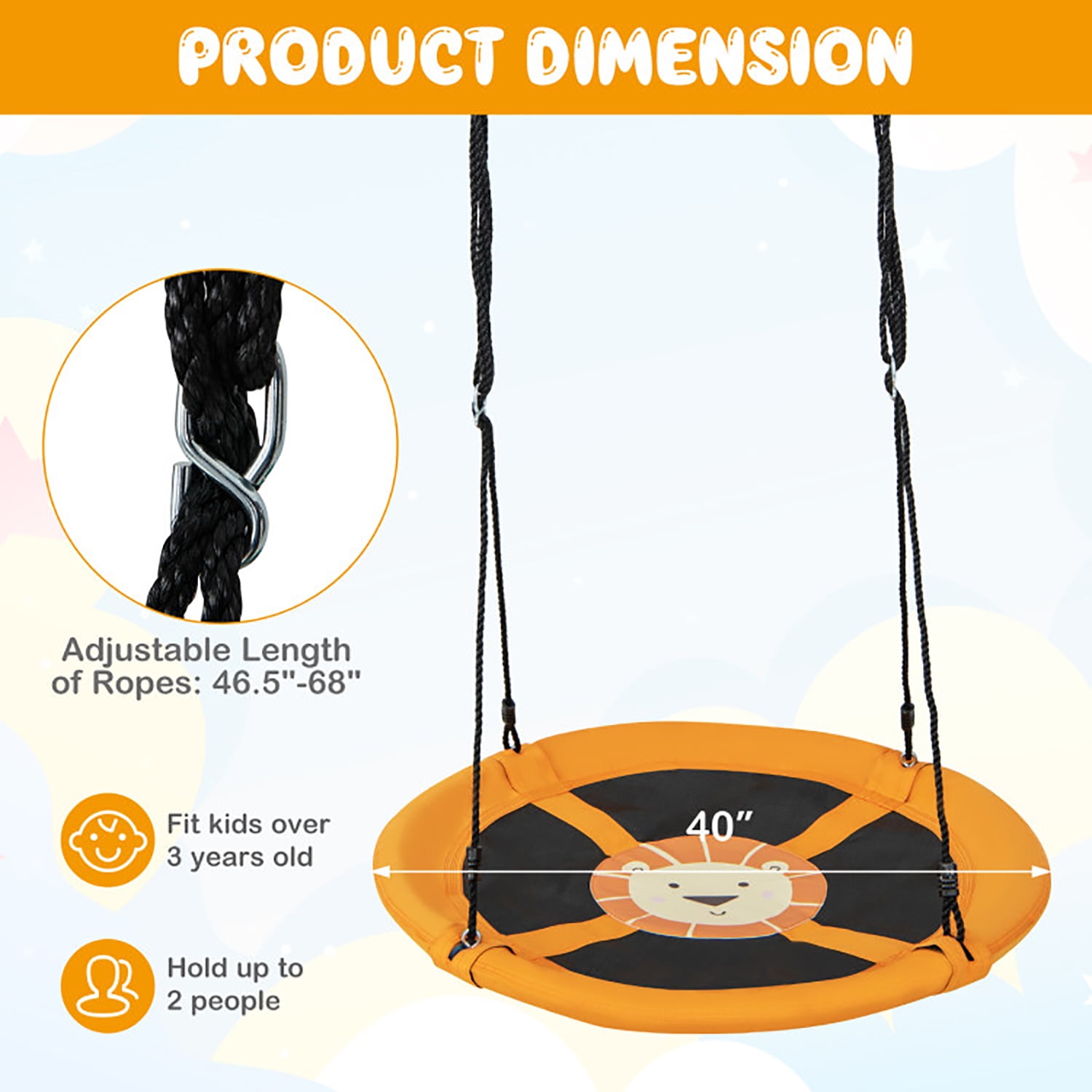 Kadyn Outdoor Swing, Hanging Swing Bench Chair, 40 Inches Saucer Tree Swing Round with Adjustable Ropes and Carabiners-Yellow