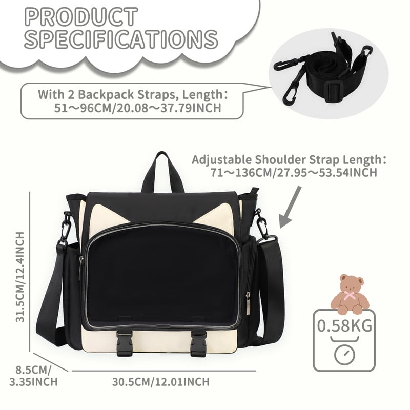 TINYAT Backpack for Women Cute Crossbody Bag DIY Kawaii Anime Y2K Cat Ita Bag for Shop Concert College Black