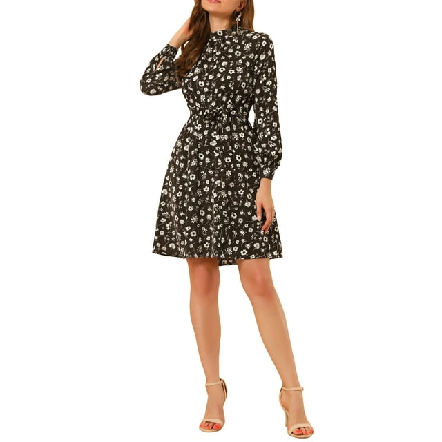 INSPIRE CHIC Robe Fleurie pour Femme Col Montant Manches Longues Taille à Nouer Longueur Genou Robe Bohème S Brun Blanc