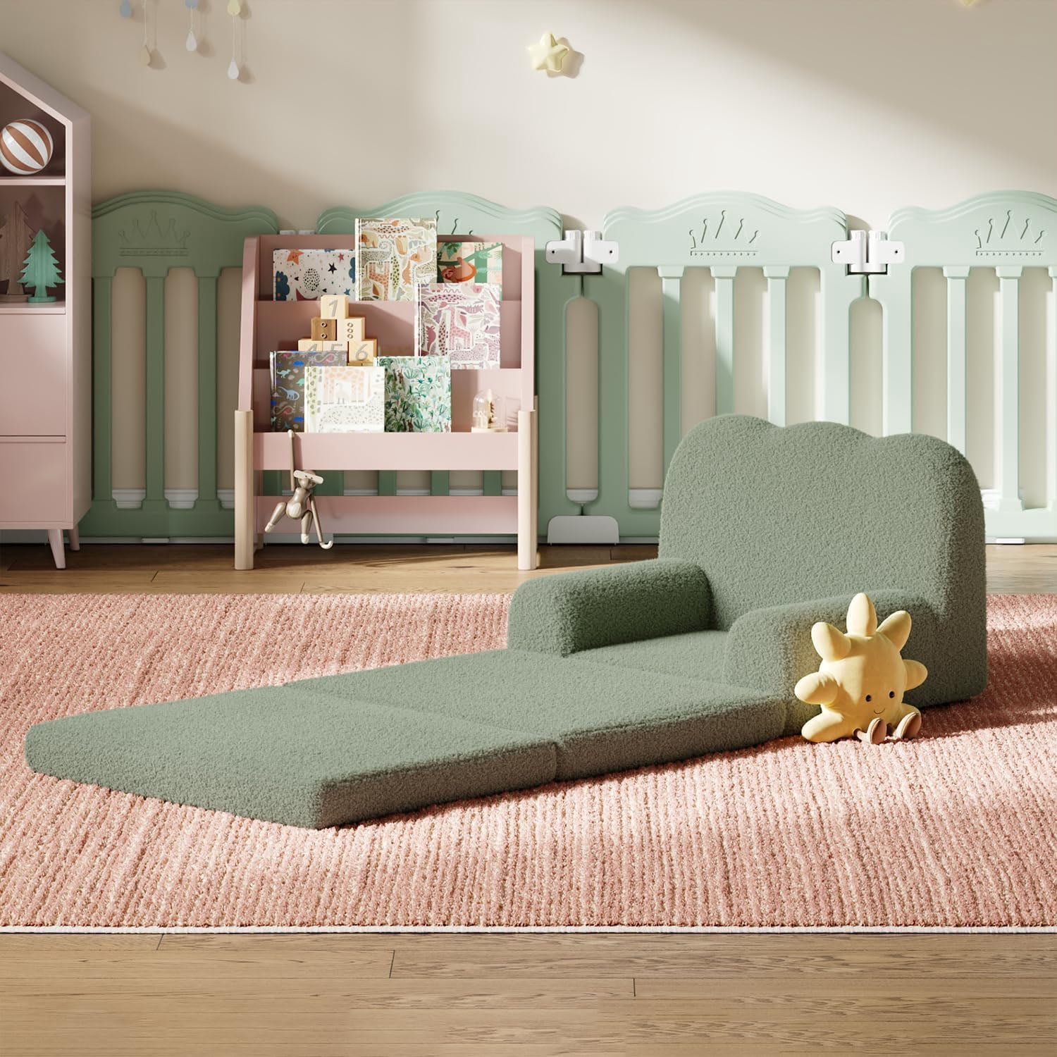 Kids Couch, 2-in-1 Convertible Teddy Fleece Fabric Toddler Sofa Chair, Soft Fold Out Couch Lounger for Kids, Comfy Children's Sofa Bed for Playroom, Nursery, Birthday Gift Comfy Toddler Chair & Lounge