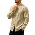 thumbnail image 4 of Men's Tang Suit Chinese Traditional Clothes Long Sleeve Stand Collar Zhongshan Shirts Casual Lightweight Cotton Linen Tops Khaki L, 4 of 6