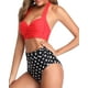 thumbnail image 3 of Traje de baño vintage para mujer, bikini retro de dos piezas con cuello halter fruncido y cintura alta, 3 of 6