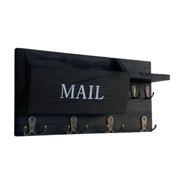 Soporte para llaves, estante de almacenamiento de pared, organizador de correo con gancho para la entrada. Negro