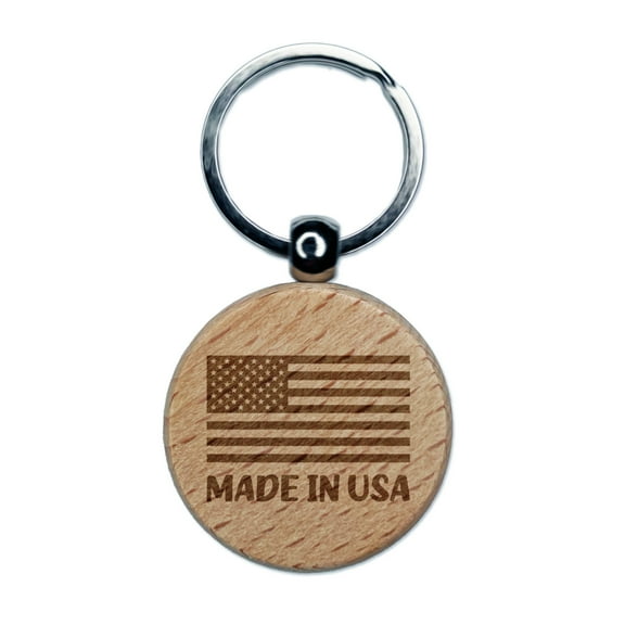 Made in USA America Flag Round Keychain Charm Tag - Engraved Wood