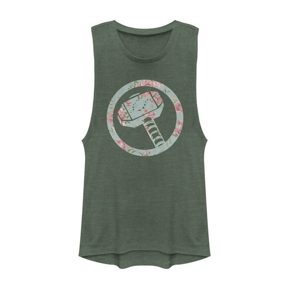 Junior's Marvel Thor Hammer Floral Print  Festival Muscle Graphic Tee Pine Green Heather Small