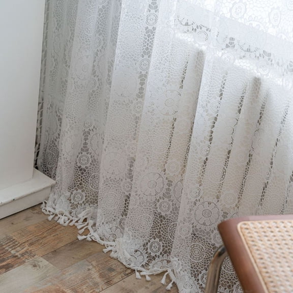 Crochet Lace Window Curtain Panel with Tassels Semi Sheer Hollow Curtains for Bedroom Living Room, 1 Pane Rod Pocketl