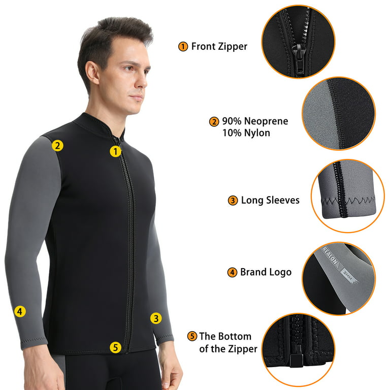 REALON Wetsuit Jacket Men Wet Suit Top 2mm Neoprene Long Sleeve Shirt  Swimsuit for Diving Swimming Surfing Diving