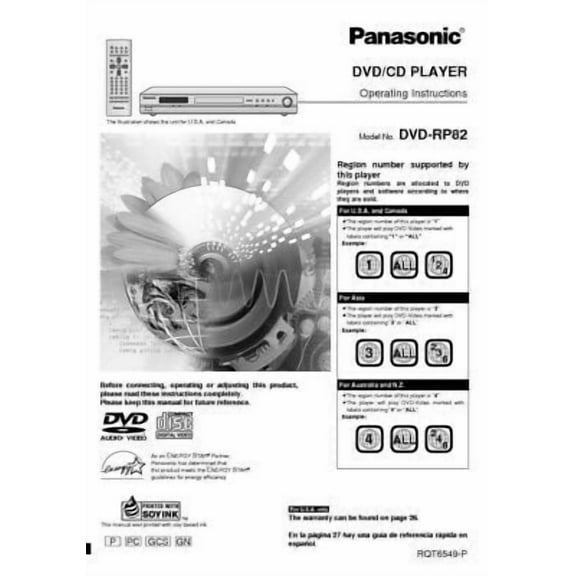 Instruction Manual ONLY for Panasonic DVD-RP82 DVD Player Owners Instruction Manual REPRINT