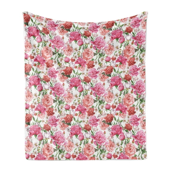 Shabby Flora Soft Flannel Fleece Throw Blanket, Summer Spring Garden Flowers with Leaves and Buds Artwork, Cozy Plush for Indoor and Outdoor Use, 50" x 70", Pale Pink Hot Pink, by Ambesonne