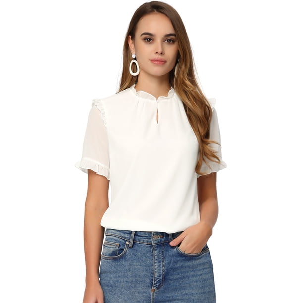Top con volantes Allegra K para mujer cuello alto manga corta blusas casuales de negocios blanco L