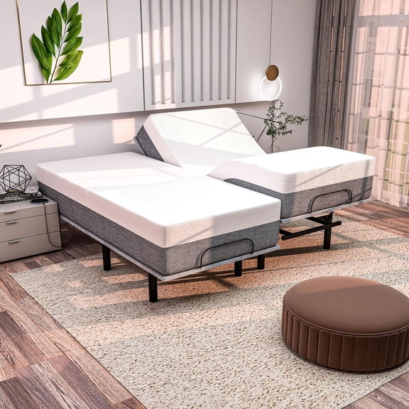 Renanim SF Adjustable Bed Frame with Mattress Included Massage - Split King Adjustable Bed Medium 12" Mattress - Cooling Gel Memory Foam Mattress, USB, Under Bed Light