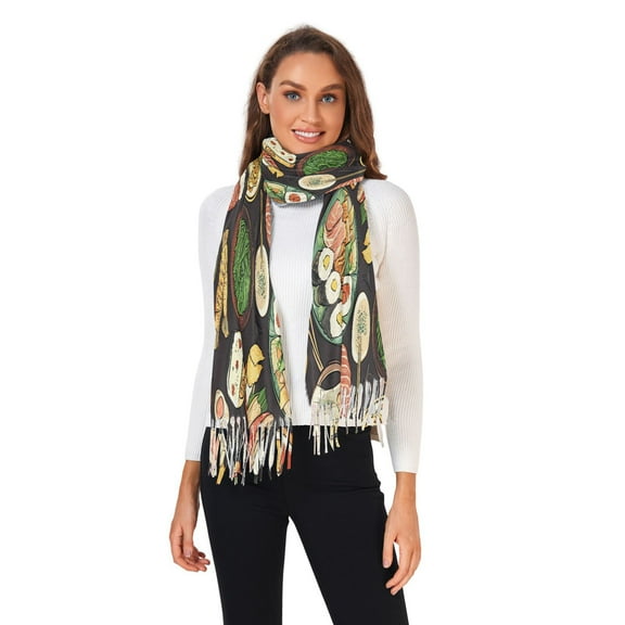 Women Winter Scarves Fashion Pashmina Shawl Wraps Long Blanket Scarf for Fall Spring Noodle Sushi Prawns