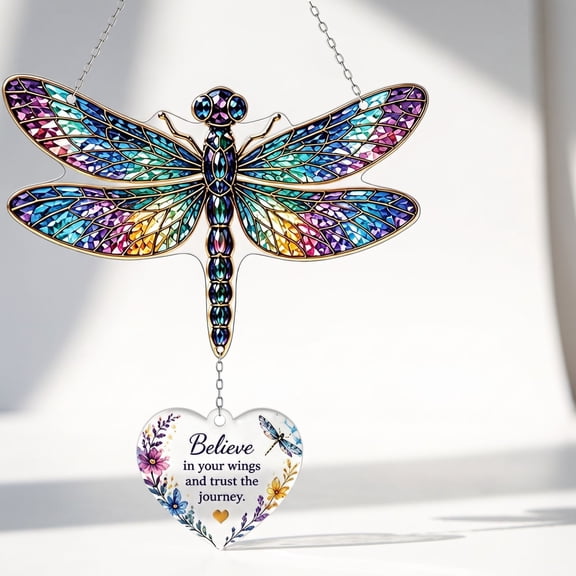 Dragonfly Sun Catcher for Window, Iridescent Acrylic Prism Suncatcher with Believe & Shine Heart Charm, Inspirational Hanging Decor Gift for Women Home Office Room Decoration