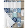 thumbnail image 3 of No Hook Shower Curtain with Snap-in Liner, Bohemia Floral Waterproof Fabric Bathroom Curtains, Retro Mediterranean Texture Patchwork Blue Bath Curtains & Mesh Top Window 60"x72", 3 of 9