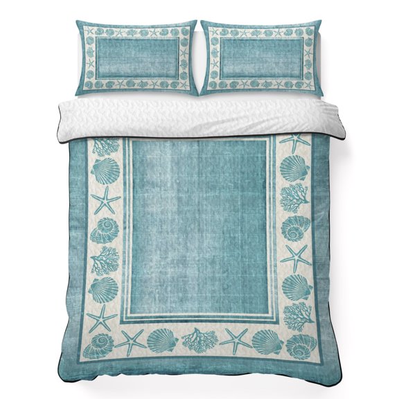 Quilt Sets Twin XL Size Coastal Marine Life Comforter Set Soft Bedspread Coverlet 3 Pieces Starfish Coral Conch Teal Frame Quilted Bedding Set with 2 Pillowcases Thin Comforter Bed Cover 68x98 Inch