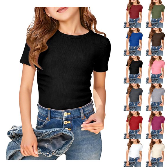 Tween Tshirt Crew Neck Short Sleeve Ribbed Tshirts Slim Fit Tops for Tween 11-12 Years