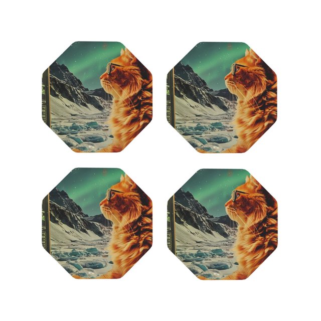 Vsdgher Space Adventurer Cat Print Leather Coasters for Drinks, Durable Drink Coasters 4 Set for Tabletop Protection, Luxurious Home Décor and Housewarming Gift-Octagon