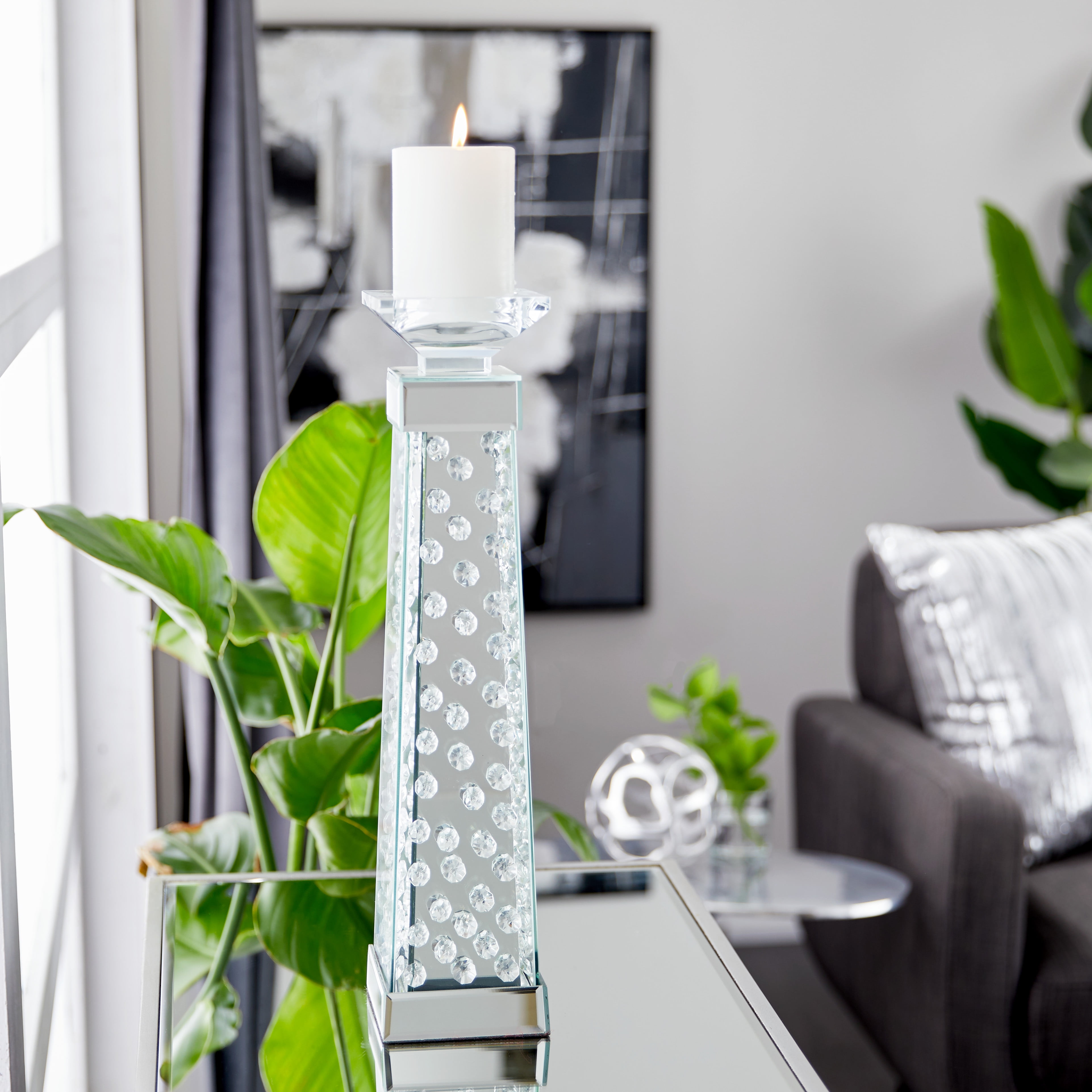 Decmode Glam Style Rectangular Mirror Glass Candle Holder with Faux