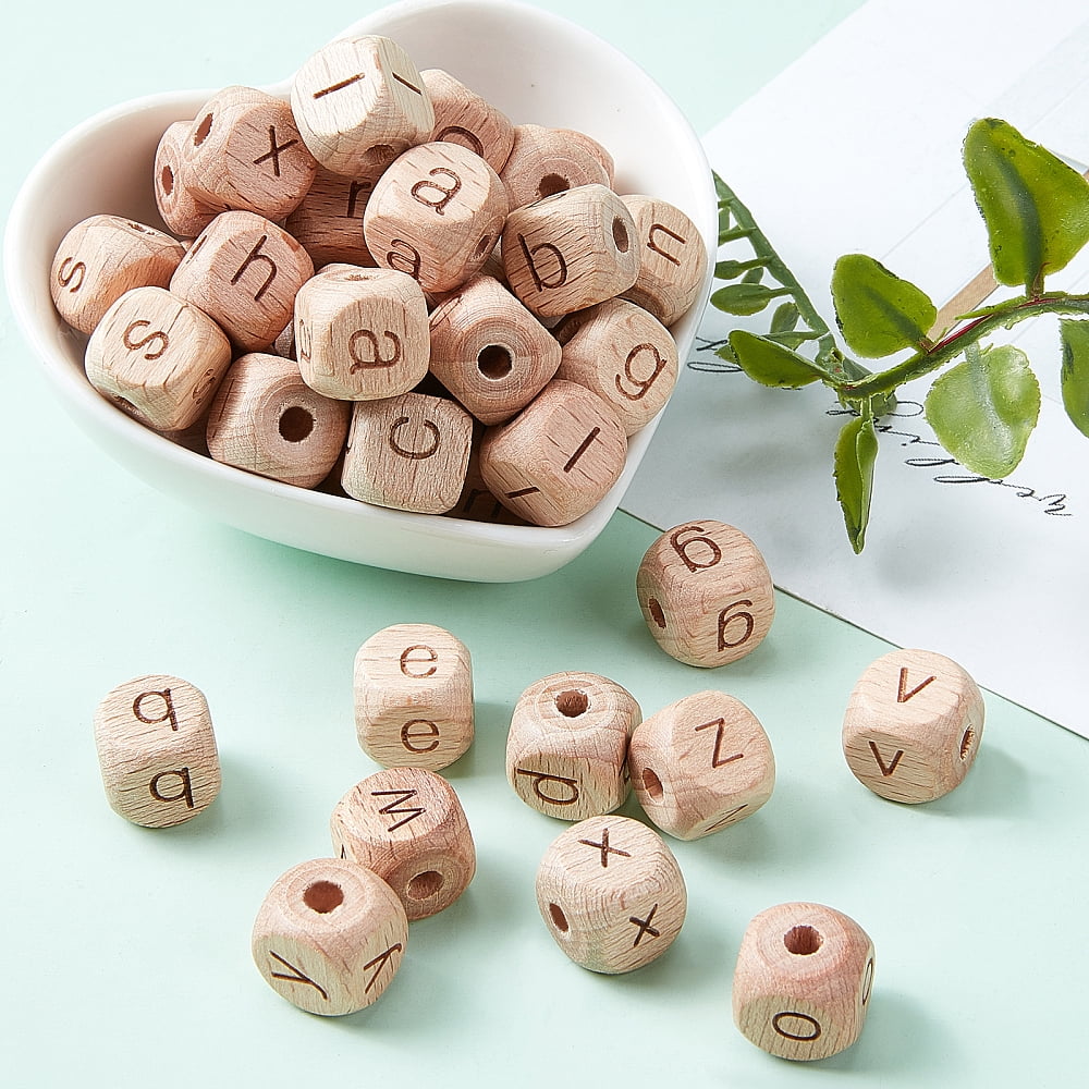208pcs 10mm Alphabet Wooden Beads Natural Wood Color Square Letters Wooden Beads Wooden Loose Beads with Initial Letter for DIY Crafts - LowercaseDIY