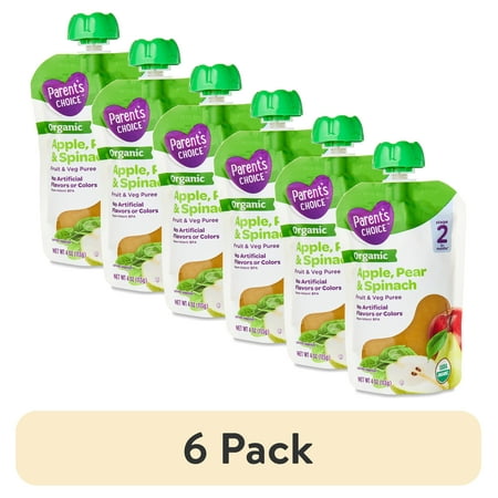 (6 pack) Parent's Choice Organic Stage 2 Baby Food Apple Pear Spinach, 4 oz Pouch