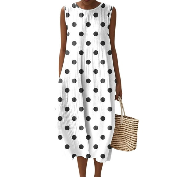 Women's 2025 Summer Fashion Casual Sleeveless Round Neck Polka Dot Printing Striped Elegant Temperament Dress