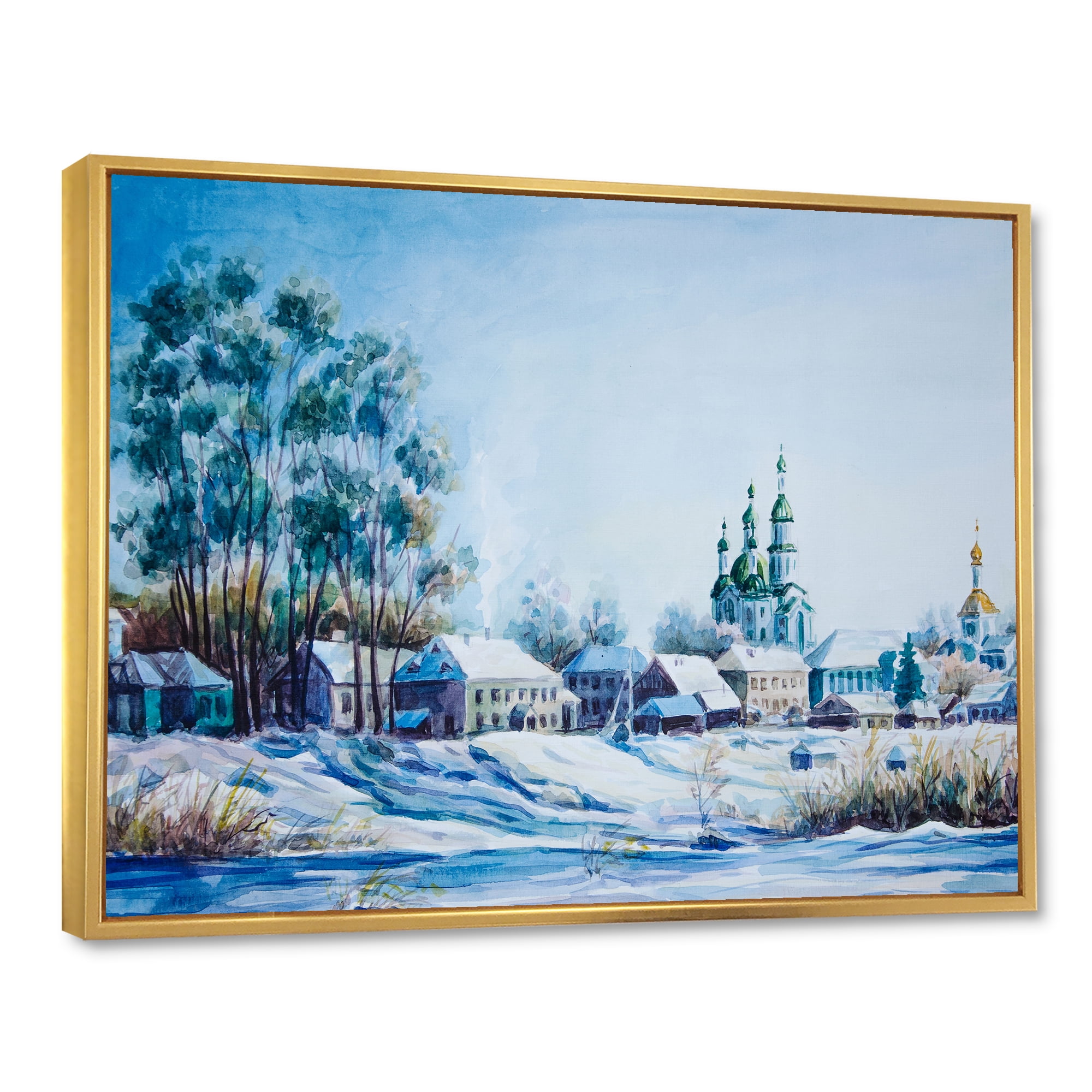 Designart 'Small Town Covered In Snow In Winter Times' Traditional Framed Canvas Wall Art Print