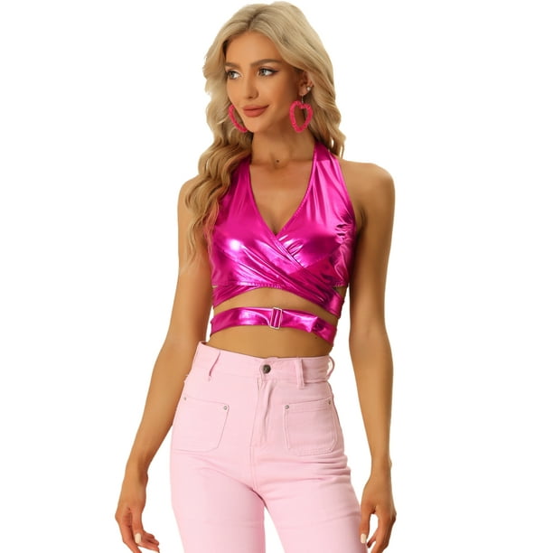 Top metálico Allegra K con cuello Halter para mujer, cuello En V profundo, sin espalda, holográfico, Rosa caliente L