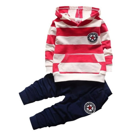 

Clearance 1-3T Unisex Kids Long Sleeve Hooded Outfit Set Striped Pullover Sweatshirt with Black Trousers Pants Set 2Piece Toddler Casual Tracker Suit Cotton Top and Pants Set Red