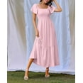 thumbnail image 2 of Women Summer Casual Square Neck Flutter Sleeve Boho Smocked A-Line Flowy Tiered Modest Midi Sun Dress with Pockets Pink XXXL, 2 of 6