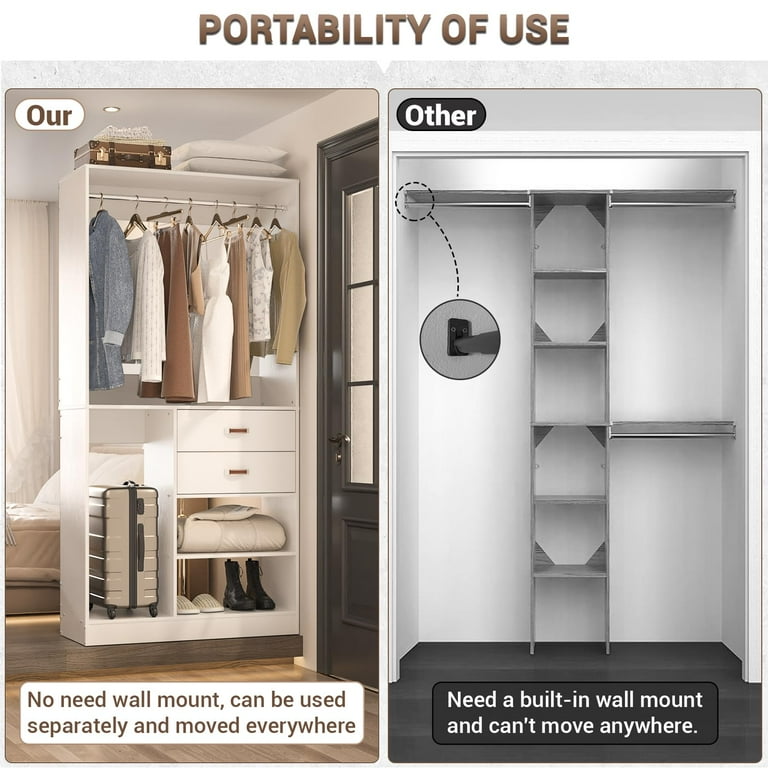 Homieasy Freestanding Closet System with Suitcase Storage 40 Inches Stand Alone Wardrobe with 2 Wood Drawers 80 Height Adjustable Cloth Garment