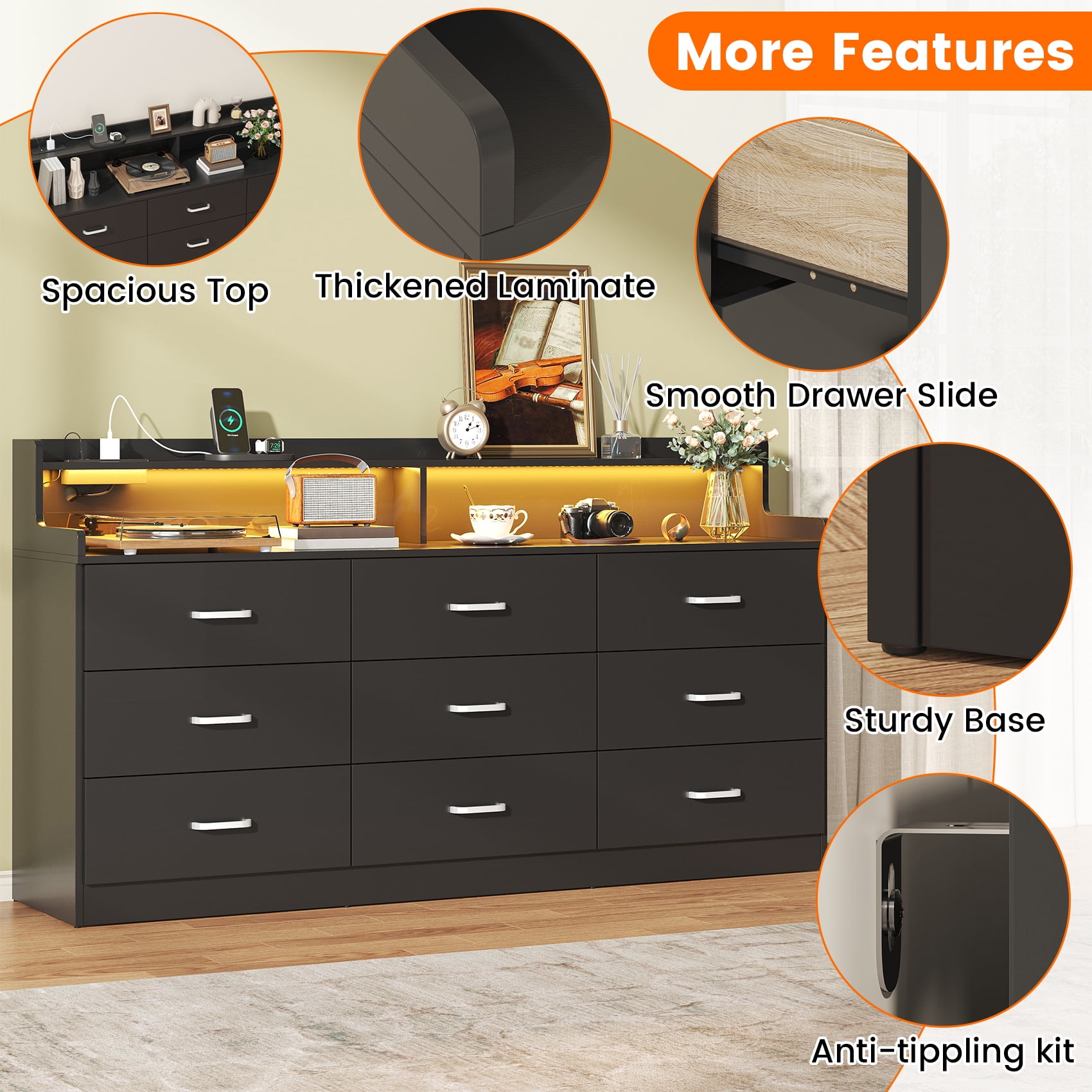 Frmobepts 9 Drawers Dresser, 63" Black Drawer Dresser with Power Outlet, Accent Chests of Drawers with LED Light, Modern Storage Dresser for Bedroom, Living Room