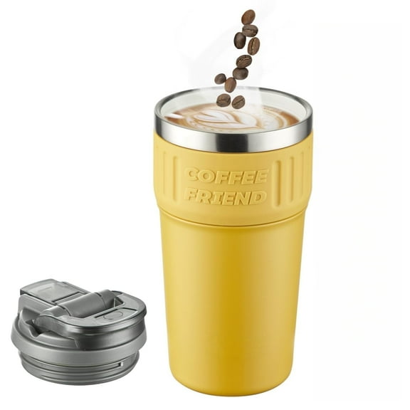 Insulated Coffee , 21oz Iced Coffee Tumbler Cup with Straw Lid Double Wall Vacuum Leak Proof Travel Mug with Strap for Hot and Iced Beverage, Yellow