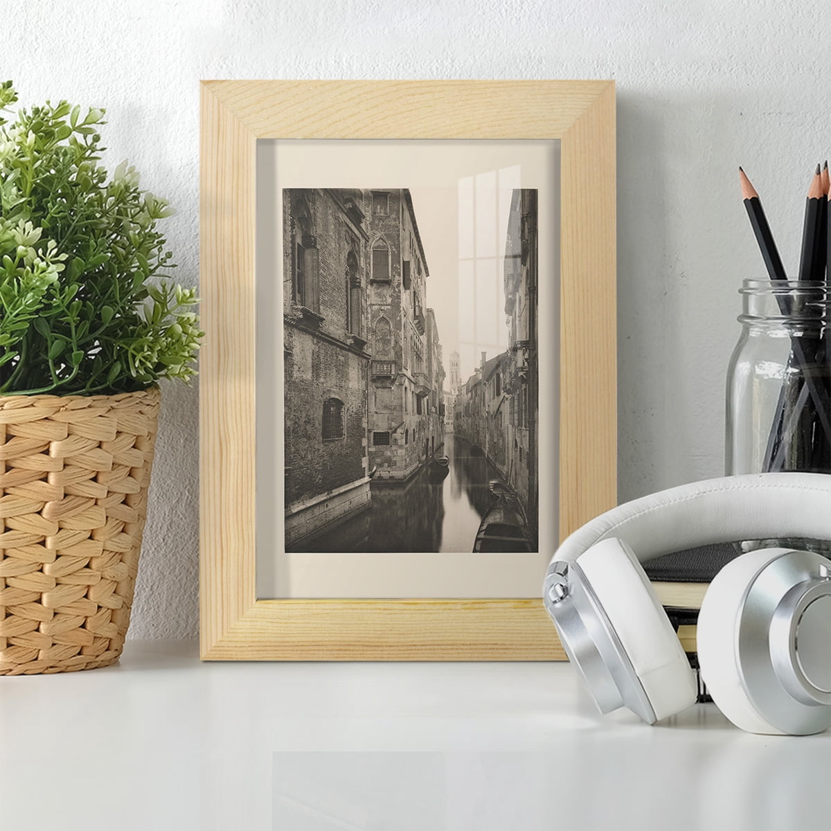 Vintage Views of Venice V - Framed Print w/glass - Natural Wood