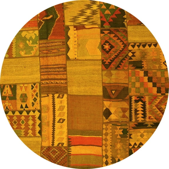 Ahgly Company Indoor Round Patchwork Yellow Transitional Area Rugs, 5' Round