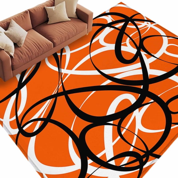 5x7 Area Rugs for Living Room, Orange Geometric Non Slip Area Rugs for Kitchen Bedroom Entryway, Black White Striped Abstract Lines Art Washable Carpet Runner Rug Floor Mats for Bedroom Home Decor