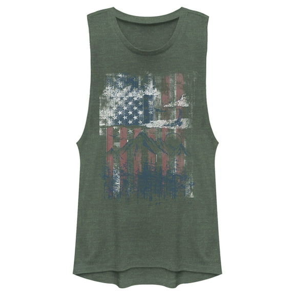 Junior's Lost Gods Distressed American Mountain Festival Muscle Graphic Tee Pine Green Heather Medium