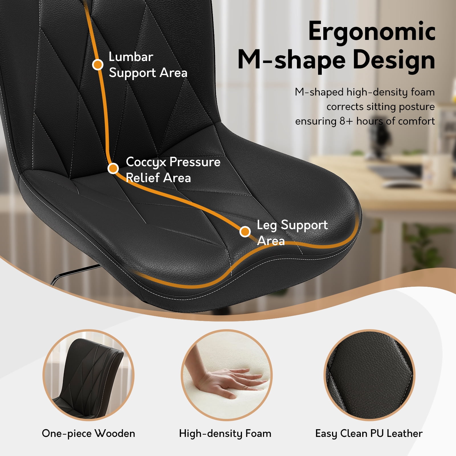 Ninecer Adjustable Armless Office Chair, Leather Desk Chair with Wheels, Office Chair for Home Office, Computer Rolling Chair for Adults, Comfy Task Chair, Black