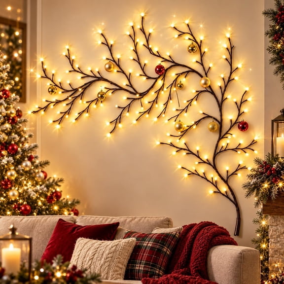 Enchanted Willow Vine Christmas Lights, Willow Vine Lights for Wall with Christmas Ball Ornaments, Warm White LED Branch Decoration for Christmas Living Room Bedroom Entryway (5.2FT)