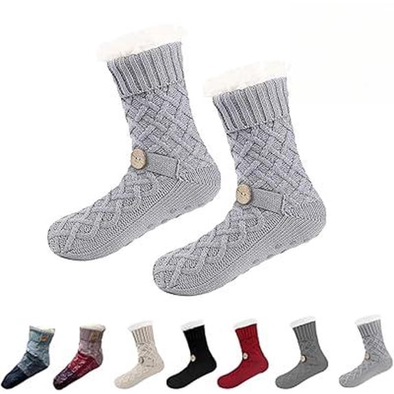 Tough Land Slipper Socks for Women with Grippers Non Slip, Warm sleeping socks,Sherpa Lined Slipper Socks(1pair/Grey)
