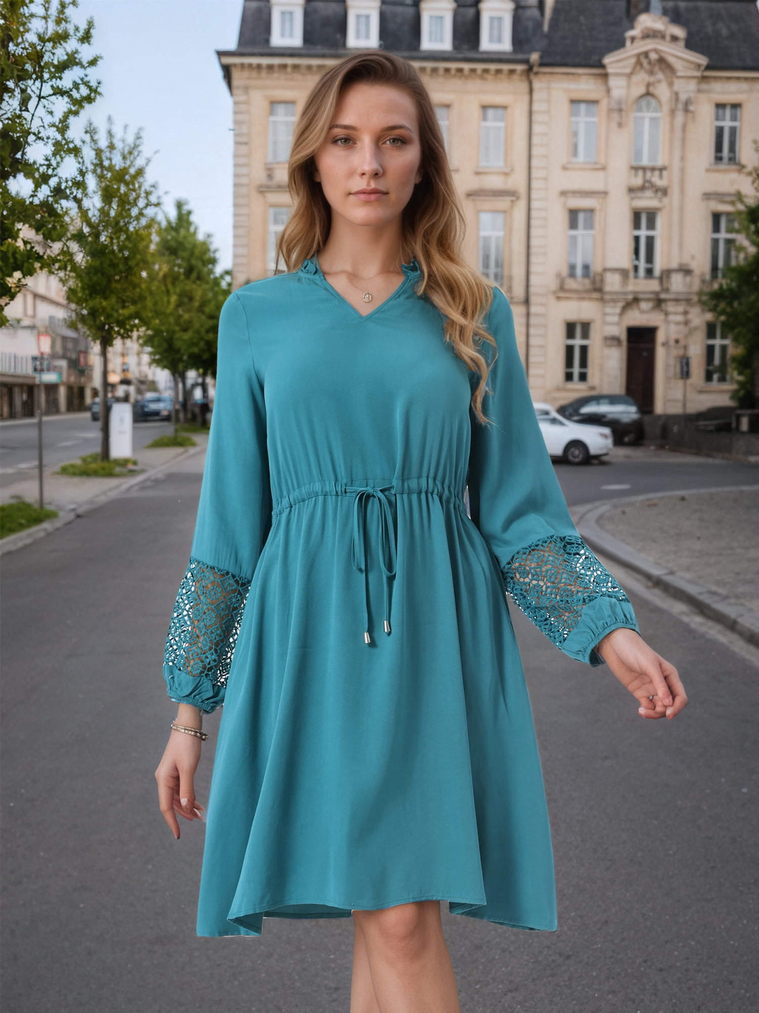 DARING DIVA Long Sleeve Ruffle V Neck Drawstring Waist Dress S Lake Green