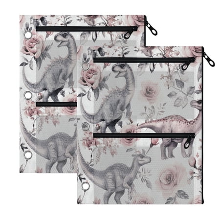 Wobogo Dinosaur Rose Chart 3 Ring Binder Pencil Pouch 2 Pack Zipper Binder Pencil Case with Clear Window for Classroom Office Supplies