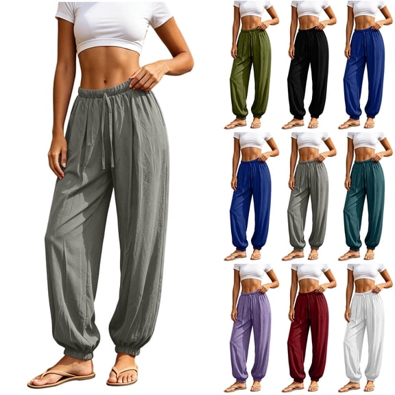 Bloomae Harem Pants for Women Cotton Linen Yoga Boho Palazzo Pants with Pockets Lightweight Drawstring Elastic High Waisted Loose Comfy Trousers