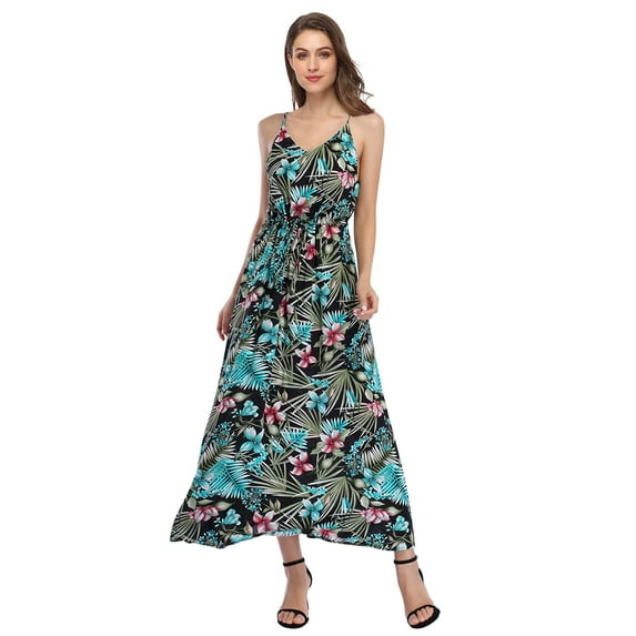 Kitsin Womens Deep V Neck Floral Adjustable Spaghetti Strap Sundresses Beach Maxi Dress with Pockets